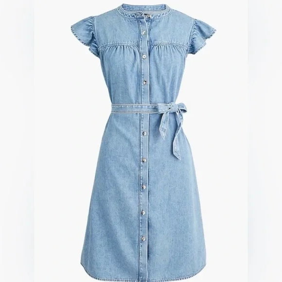 J. Crew Factory Light Blue Denim Midi Button-Front Dress with Tie Belt - Picture 1 of 7